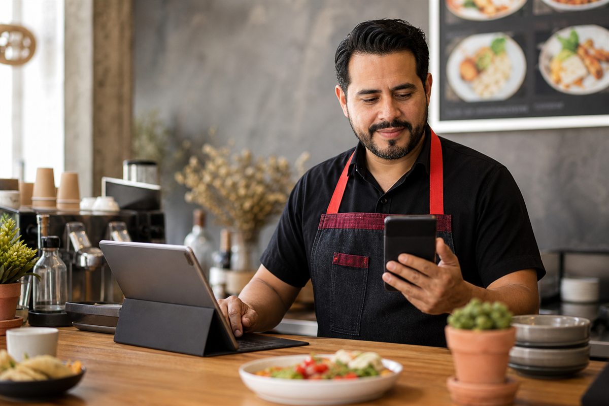 Dueno de cafeteria revisando pedidos y menu digital en telefono y tableta